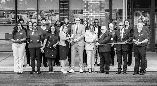 American Red Cross Regional CEO Dale Kunce, Red Cross Southern Maryland Chapter Executive Director Keith Perry and others gather at the new Lanham Blood Donation Center for its grand opening, on May 5, 2025.
